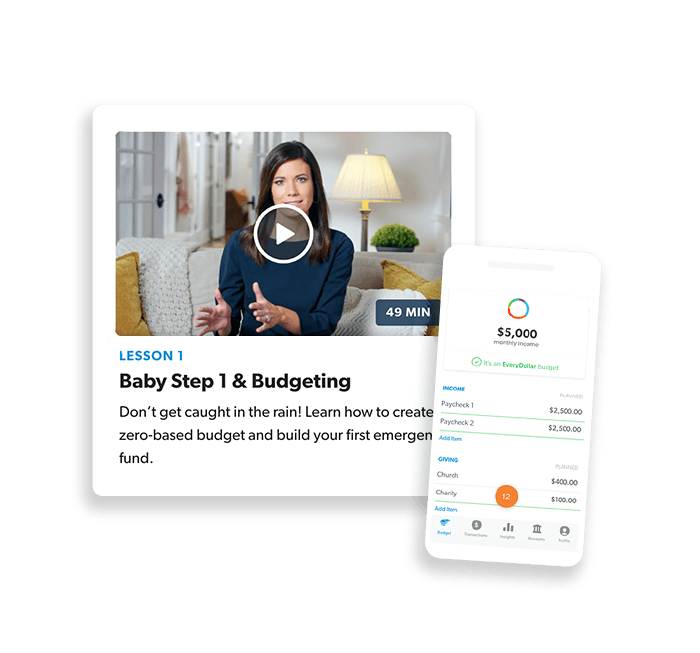 budgeting FPU lesson with Rachel Cruze, and EveryDollar app on a phone screen