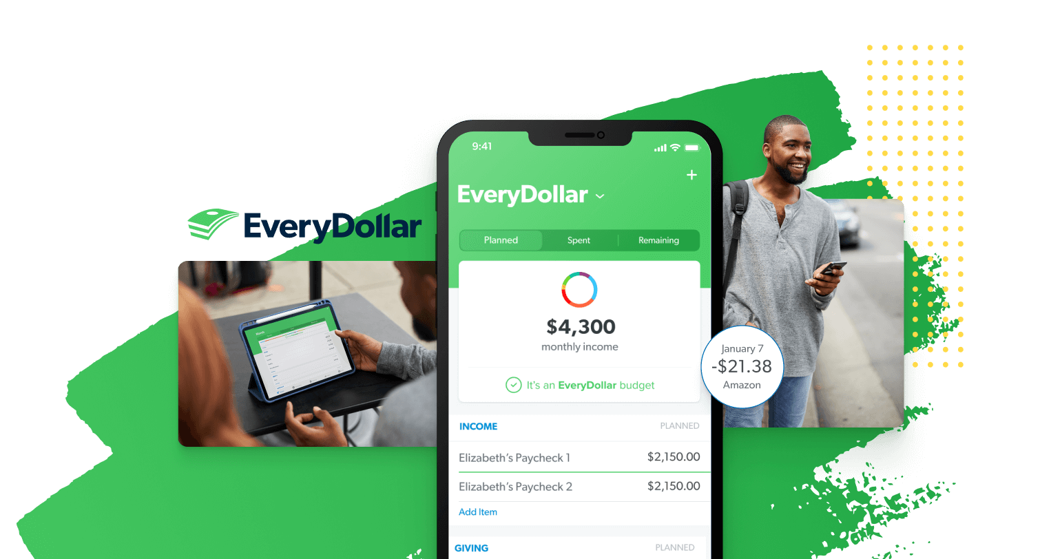 Mockup of EveryDollar app and it's features