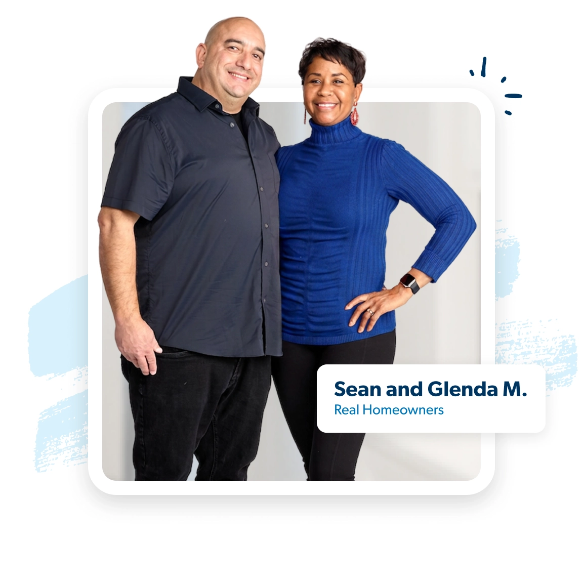 Image of a smiling couple, Sean and Glenda M. Sean is in a grey shirt. Glenda is in a blue shirt. They are both real homeowners who worked with RamseyTrusted for their real estate needs.