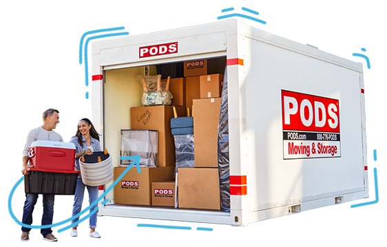 Couple moving boxes out of pods moving container