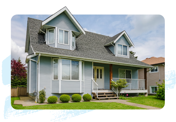 A light blue house with brush strokes around it