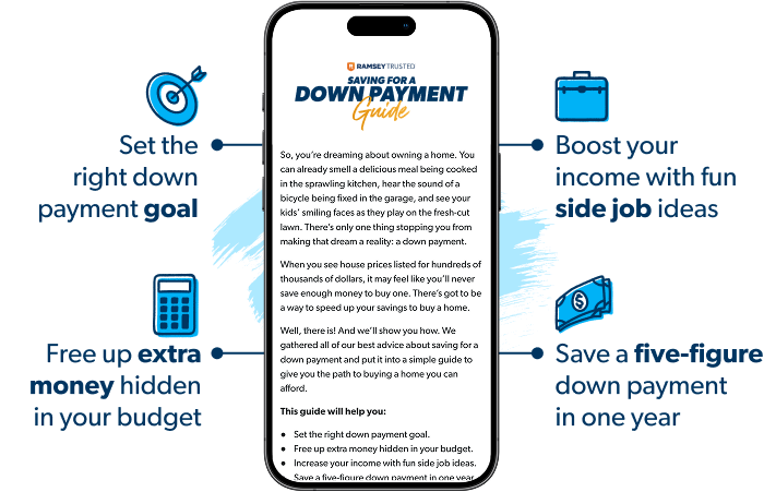 Device showing benefits and intro page of Saving for a Down Payment Guide