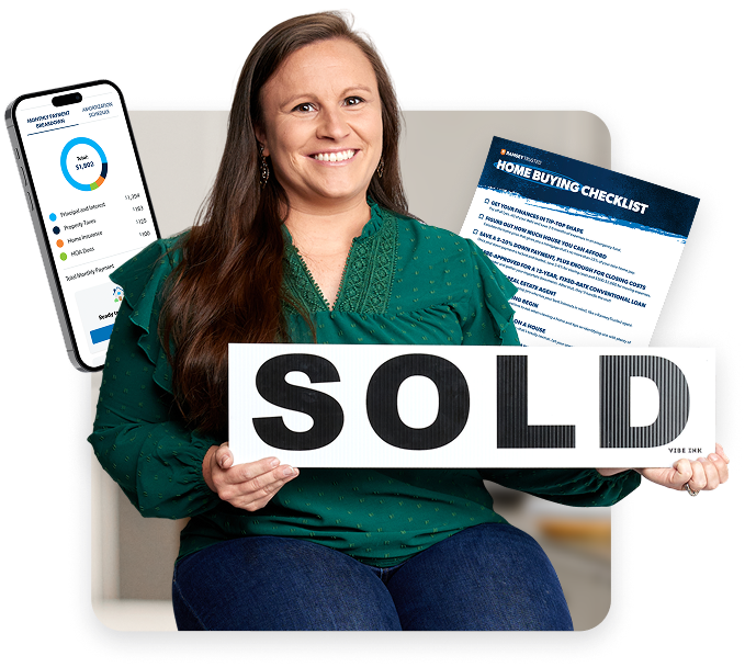 Woman holding "sold" sign with calculator and checklist behind her