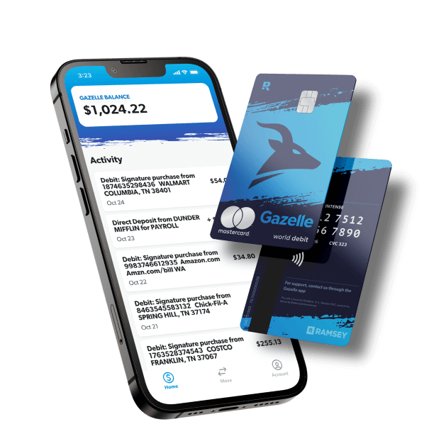 phone showing gazelle financial app with transactions list along with the front and back of the gazelle debit card