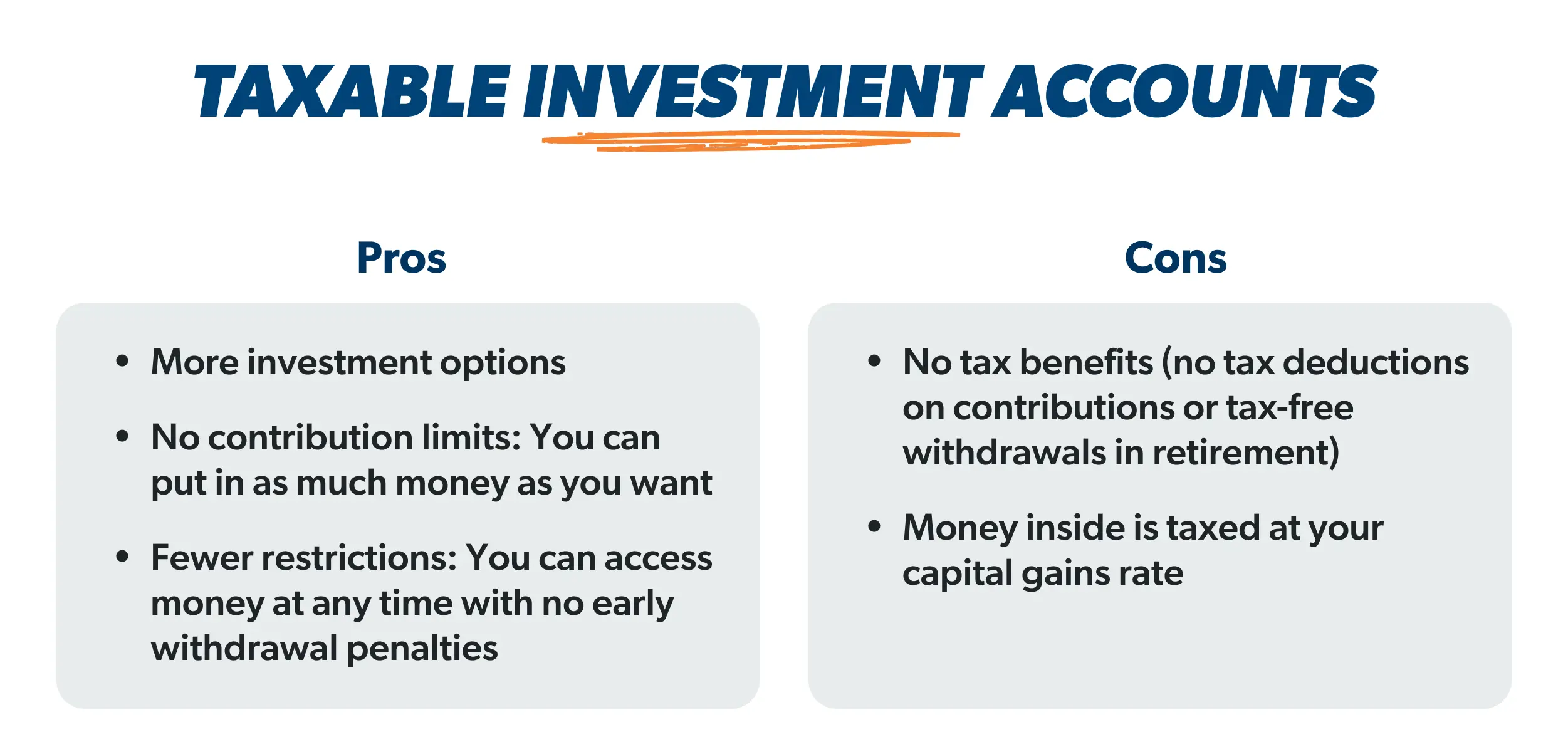 Taxable investment accounts pros and cons (infographic)
