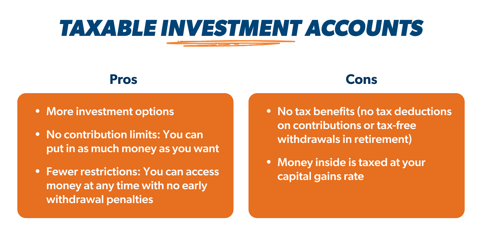 Taxable investment accounts pros and cons (infographic)