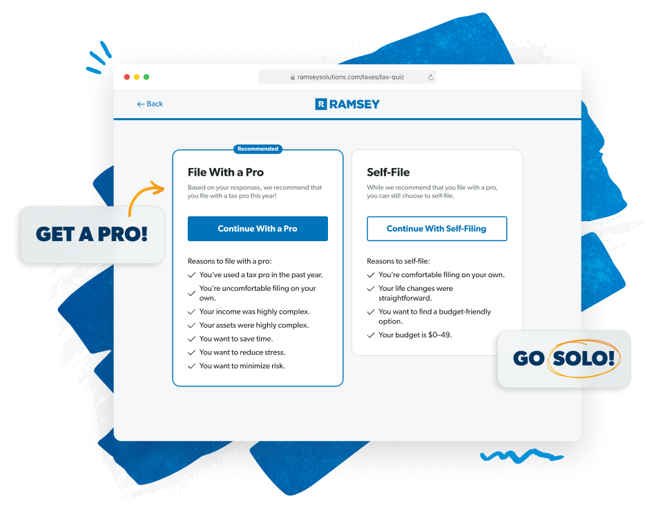 An example of the tax quiz showing the recommendation to file with a pro with an option to self-file instead.
