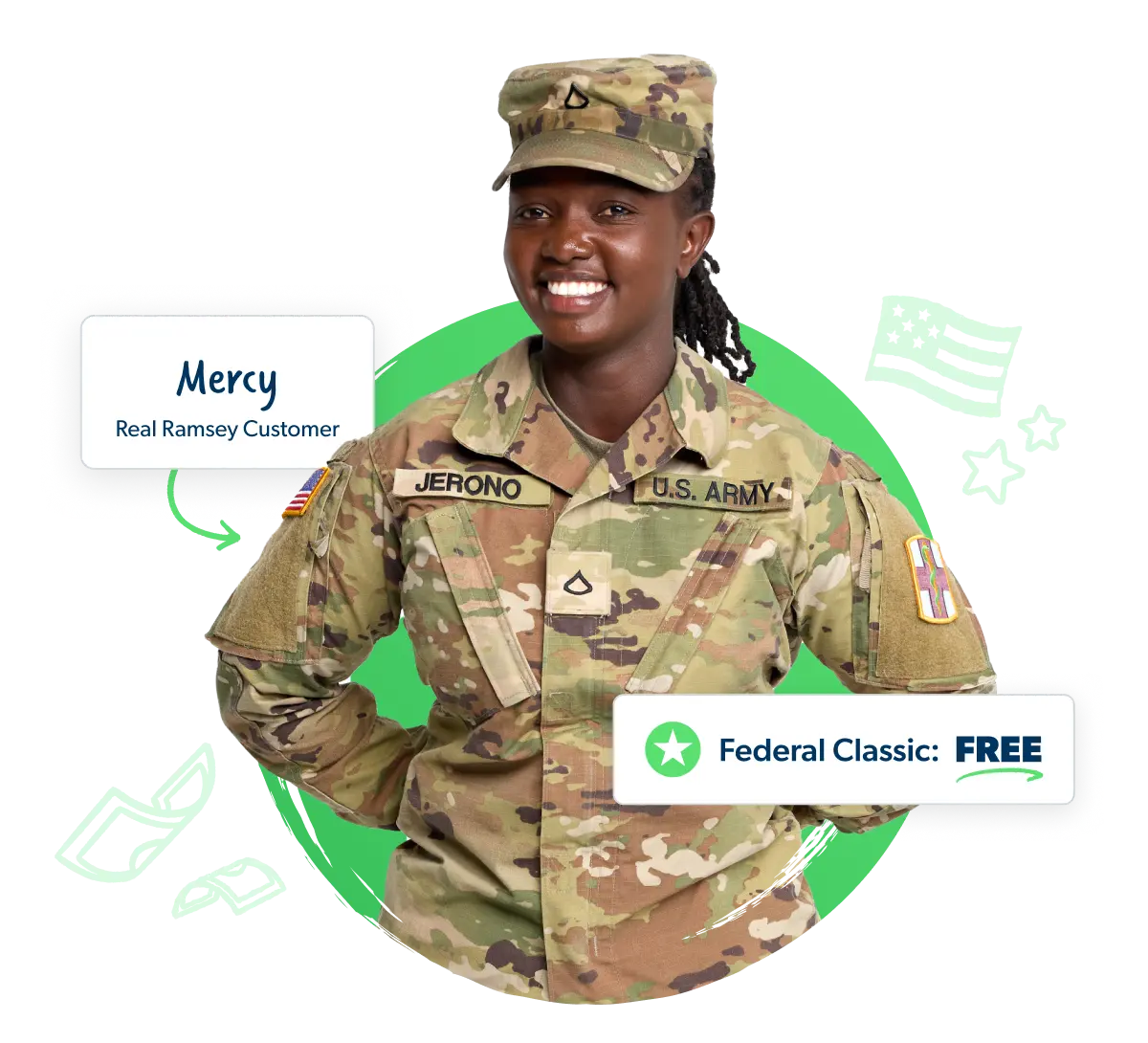 Mercy, a real Ramsey customer and active-duty military member, showing Federal Classic tax filing is free for military.