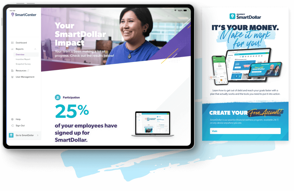 An Ipad mockup with the SmartCenter review snapshot and a digital pdf flyer.