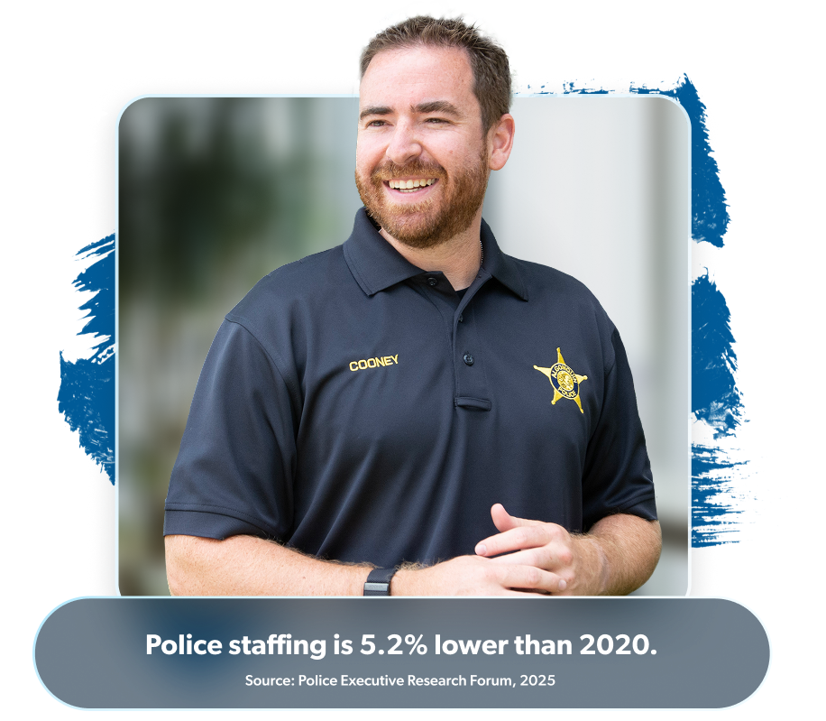Image of Police man featuring this statistic: 2025 police staffing is 5.2% lower than 2020.  