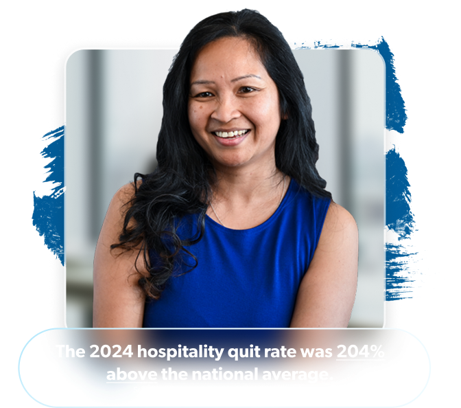 Image of Hospitality worker featuring this statistic: The 2024 hospitality quit rate was 204% above the national average.