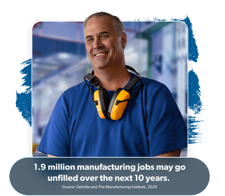 Image of manufacturing worker with statistic: 1.9 million manufacturing jobs may go unfilled over the next 10 years. From the source: Deloitte Manufacturing Industry Outlook, 2025