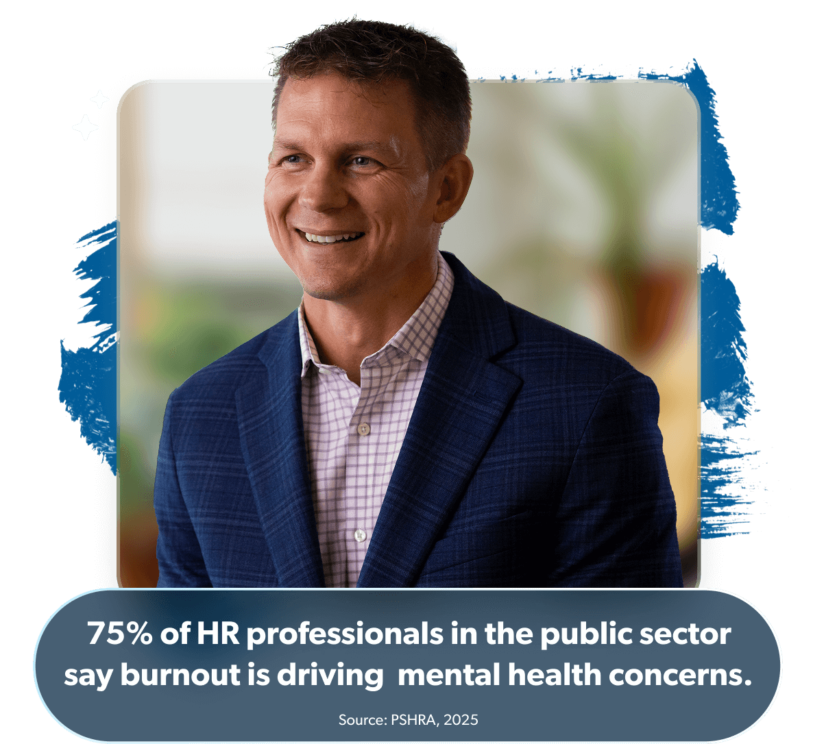 Image of employee featuring this statistic: 75% of HR professionals in the public sector
say burnout is driving mental health concerns.