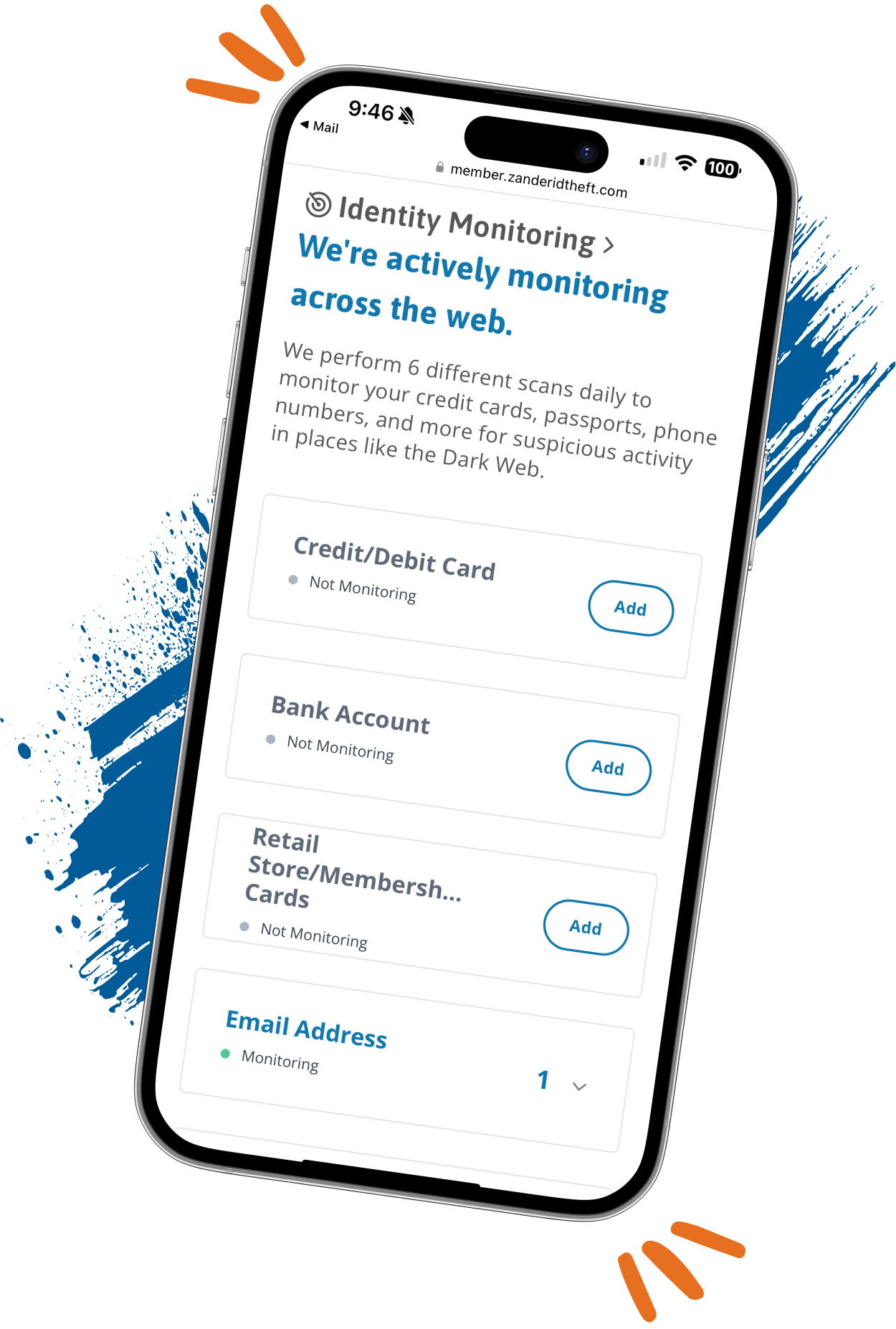 Phone screen showing identity monitoring for financial accounts and personal information.