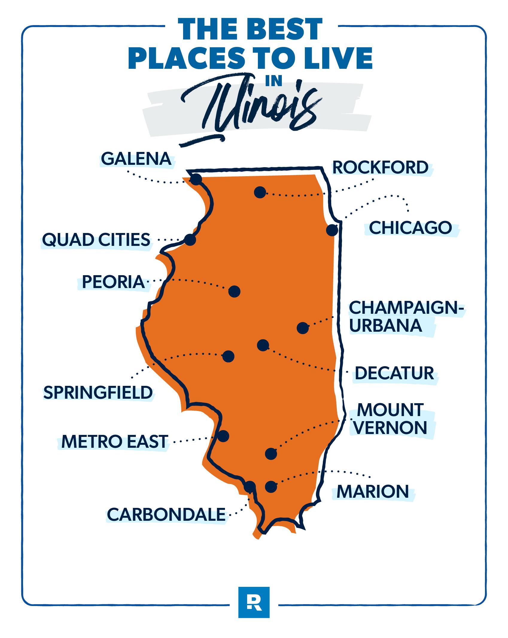 map of the state of illinois with big cities labled