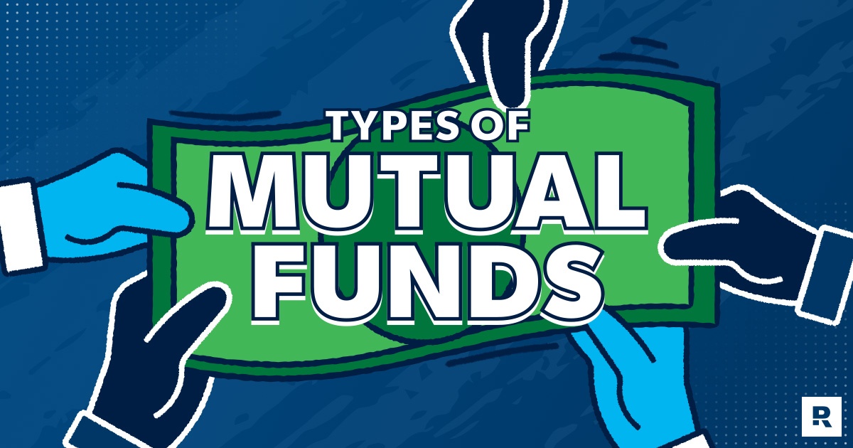 A pie chart lists five common types of mutual funds. 