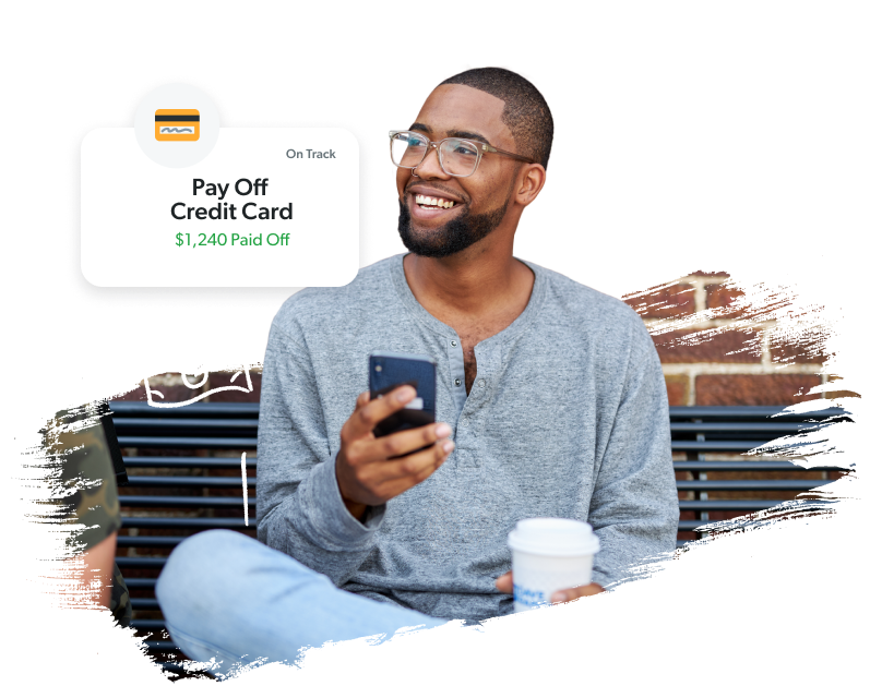 Image of a smiling man holding a phone surrounded by an EveryDollar callout that he is on track to pay off his credit card debt