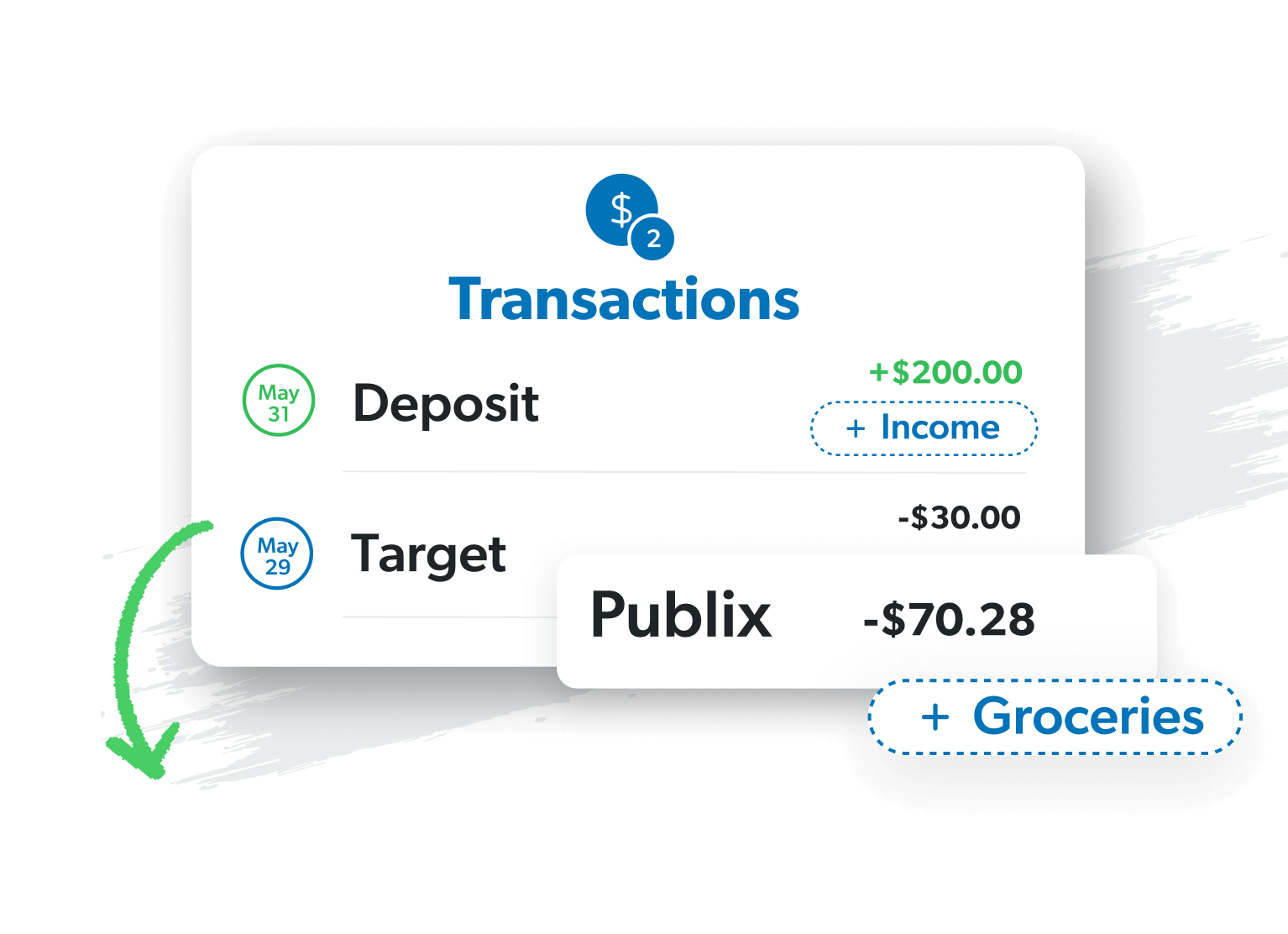 UI icons of how you track transactions in the EveryDollar app.