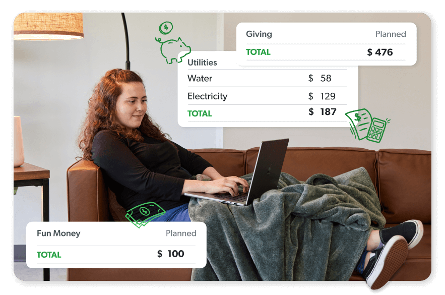 Girl sitting on a couch with a laptop with budgeting UI floating around her.