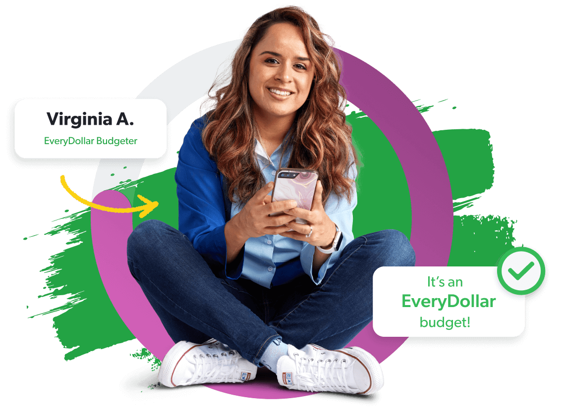 Smiling woman sitting crosslegged with a ohone in her hand with EveryDollar app UI floating arounfd her.