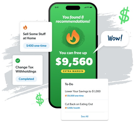 Phone shows EveryDollar app: “You can free up $9,560.” Tips include sell items, adjust taxes, eat out less. “Wow!”