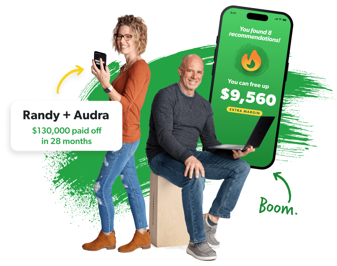 Randy and Audra smile with devices. They paid off $130,000 in 28 months. Behind them, a phone shows EveryDollar: “You can free up $9,560” with 8 tips.