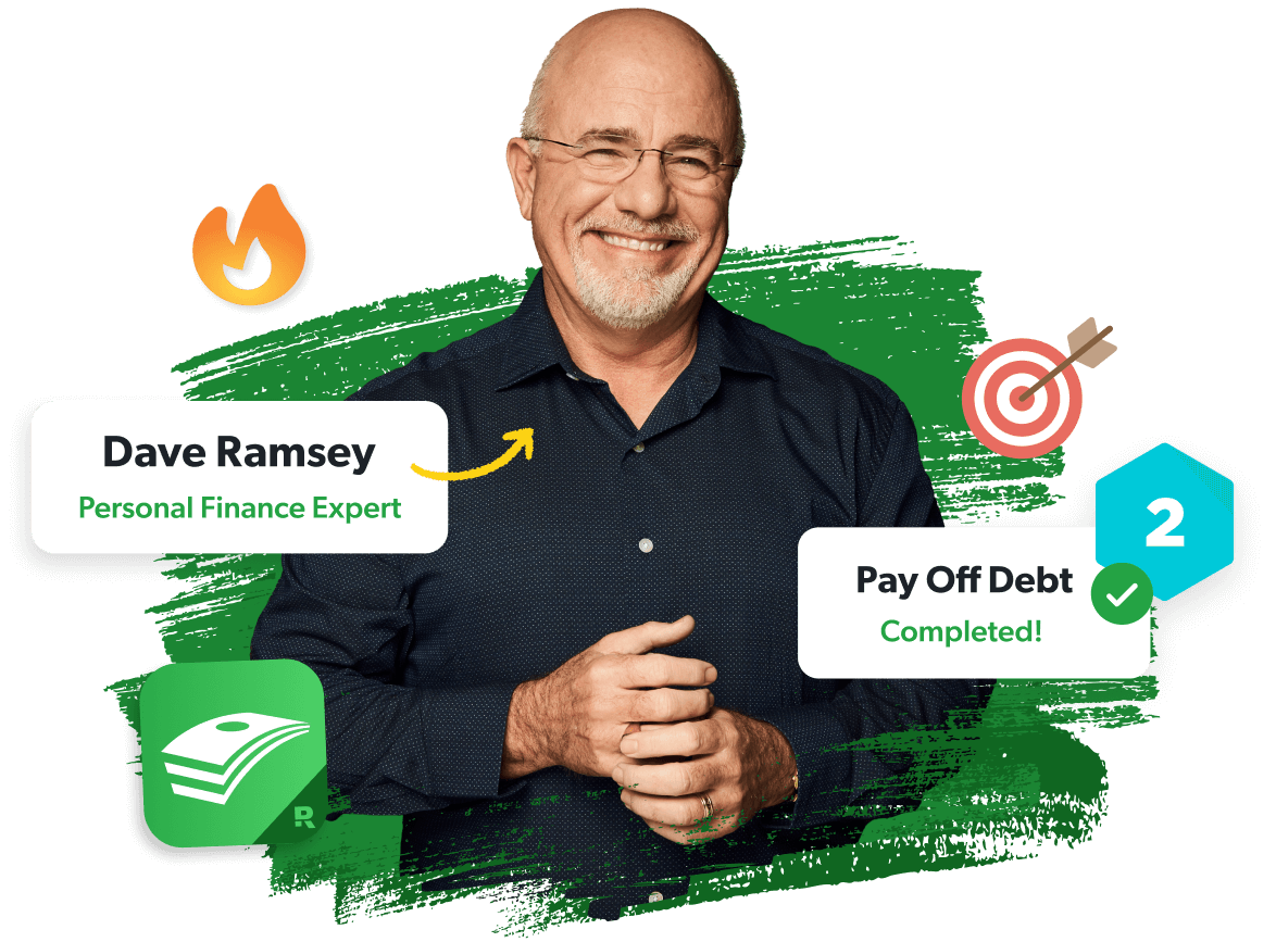 Dave Ramsey smiles in front of green background. Labels show “Pay Off Debt – Completed!”