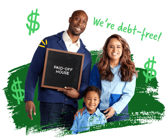 Couple with their son displaying they paid off their house and showing they are debt free