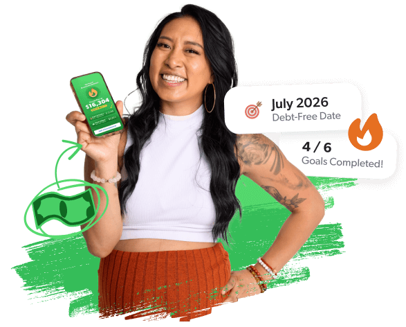 Happy woman holding phone showing the EveryDollar money app and UI floating around her
