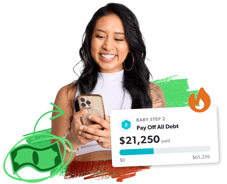 Happy woman holding phone showing the EveryDollar money app and the debt payoff tracker.