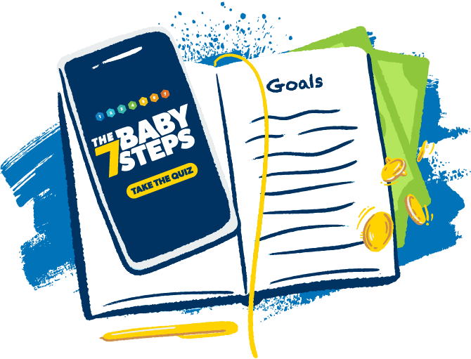 Illustration of a phone with the get started assessment and a journal with the word goals written on it