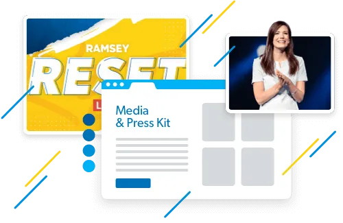 Three rectangles showing the following: an image of the Ramsey Reset LiveStream logo, a mockup of a media and press kit web page, and a photo of Rachel Cruze speaking on stage