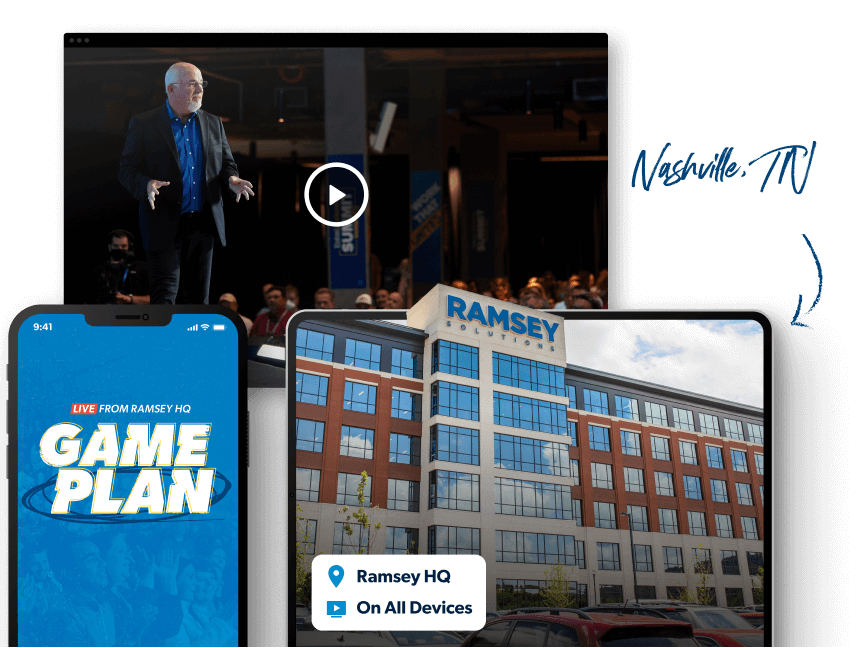 Devices showing how Game Plan Live is live at Ramsey HQ and streaming on all devices.