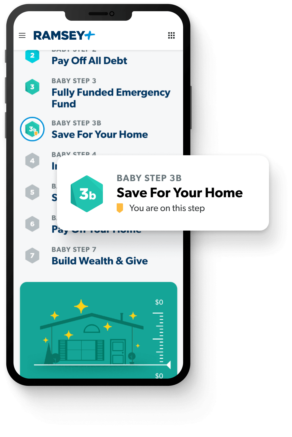 A screenshot of the 7 Baby Steps with "Save For Your Home" as the featured step.