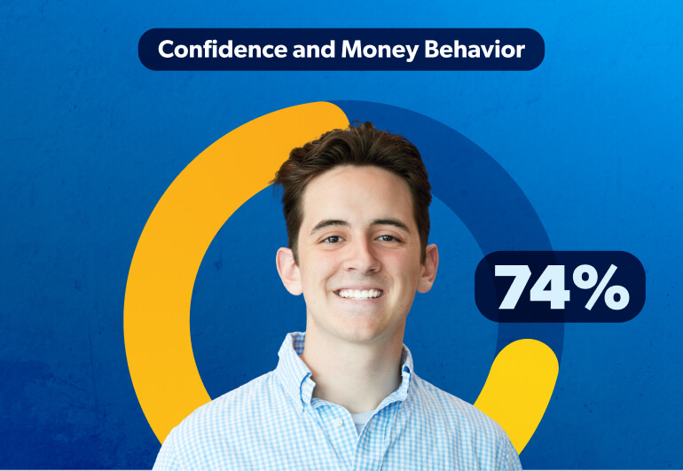 Confidence and Money Behavior: 74%, shown as a mostly filled yellow ring around a smiling young man in a light blue checkered shirt.