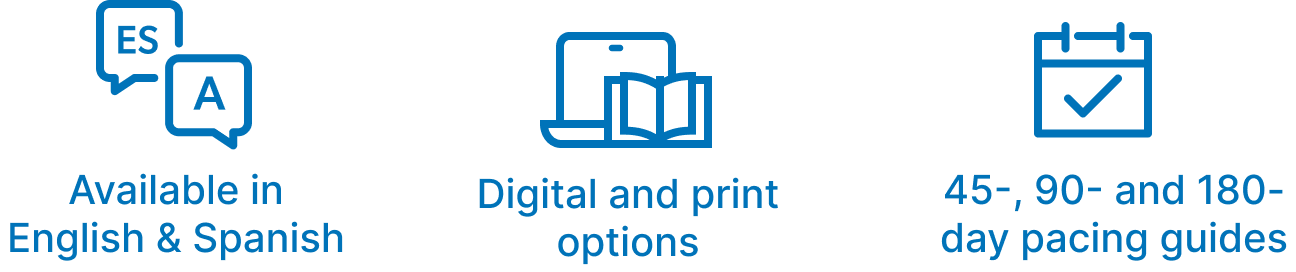 Digital and print options, available in Spanish, 45-, 90-, 180-day pacing guides