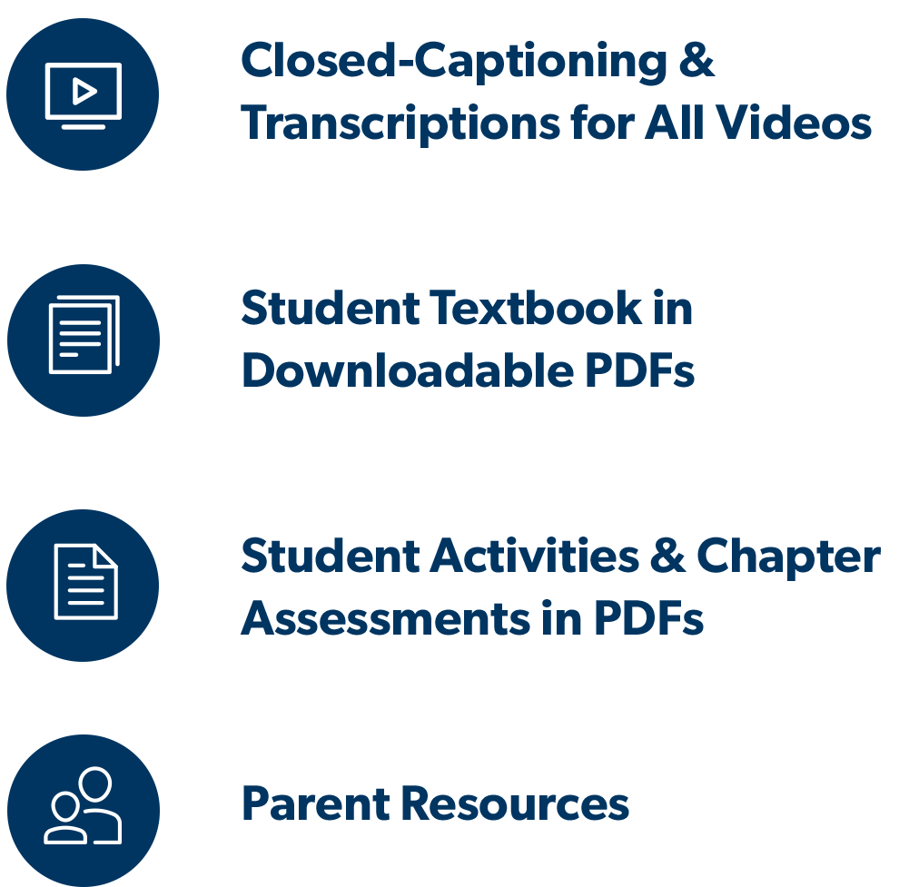 Closed-Captioning & Transcriptions for All Videos, Student Textbook in Downloadable PDFs, Student Activities & Chapter Assessments in PDFs, Parent Resources