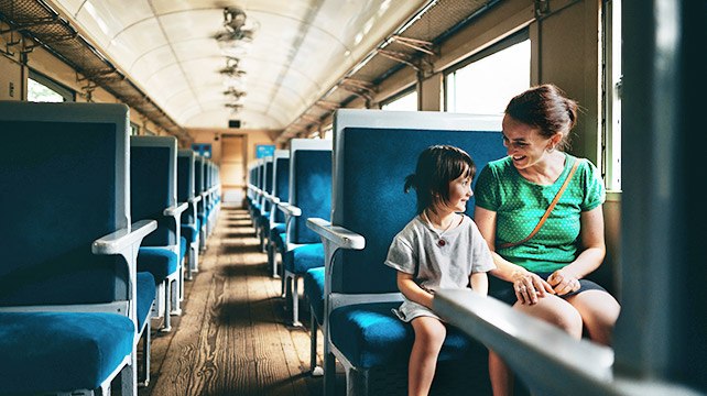 mother and child traveling on empty train