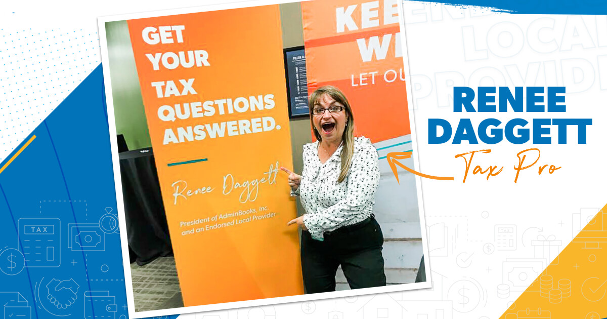 Renee Daggett tax pro pointing to a sign with her name on it.