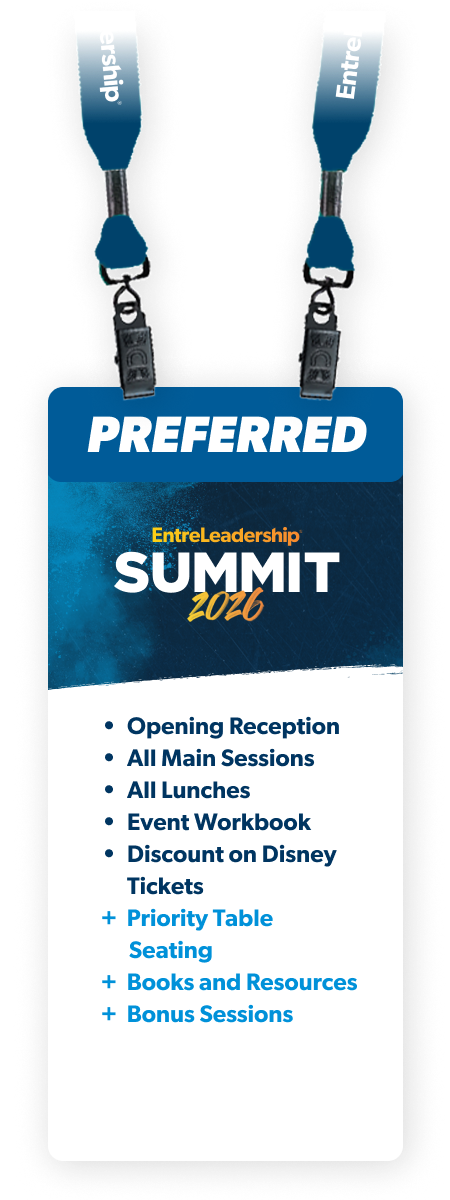 Preferred: General: Opening Reception, All Main Sessions, All Lunches, Event Workbook, Open Seating Behind Standard (No Tables), Discount on Disney Tickets, Books and Resources, Bonus sessions.
