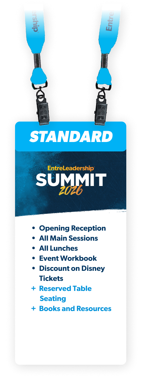 Standard: General: Opening Reception, All Main Sessions, All Lunches, Event Workbook, Open Seating Behind Standard (No Tables), Discount on Disney Tickets, Books and Resources.