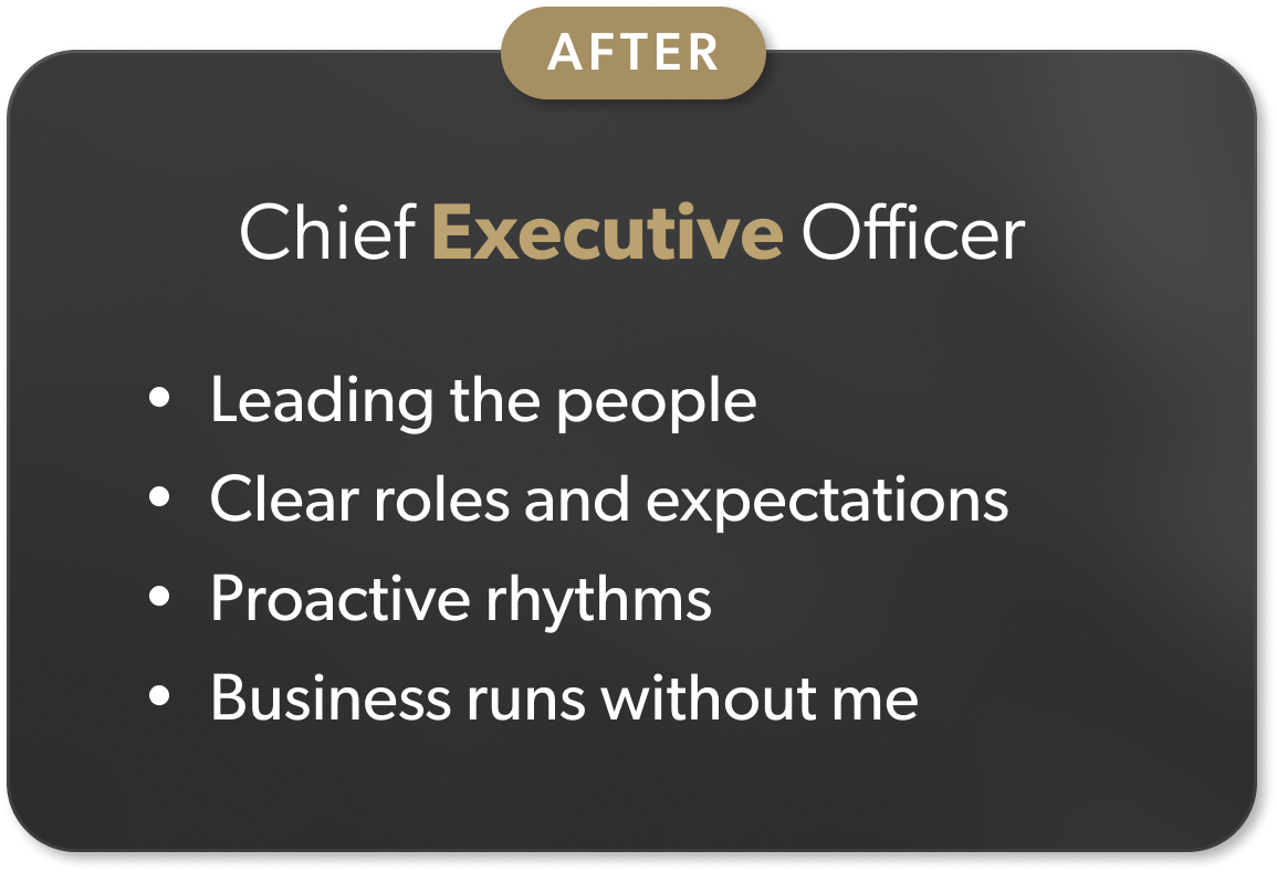 Chief Executive Officer. Leading the people, clear roles and expectations, proactive rhythms, business runs without me