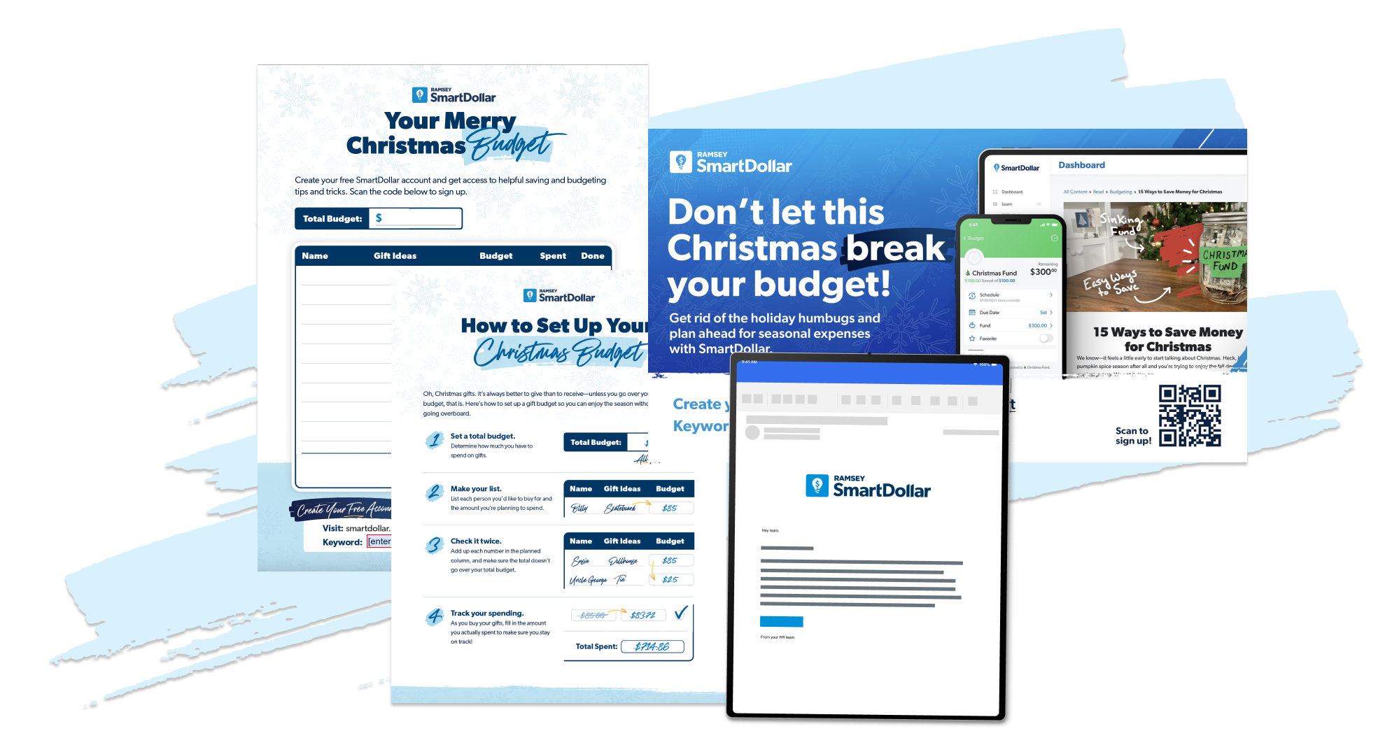 Holiday Budgeting promotional material including an email and a flyer