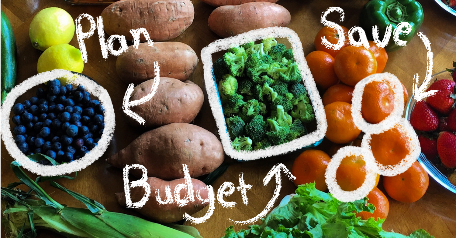 How to Meal Plan to Save Time and Money An assortment of fruits and veggies including blueberries, sweet potatoes and broccoli.