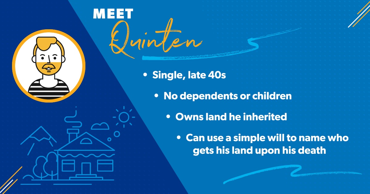 Quinten is a single guy in his late 40s who doesn’t have any dependents or children. He just paid off his house and owns a piece of land he inherited from his father. He can use a simple will to name who will receive his house and his land upon his death.