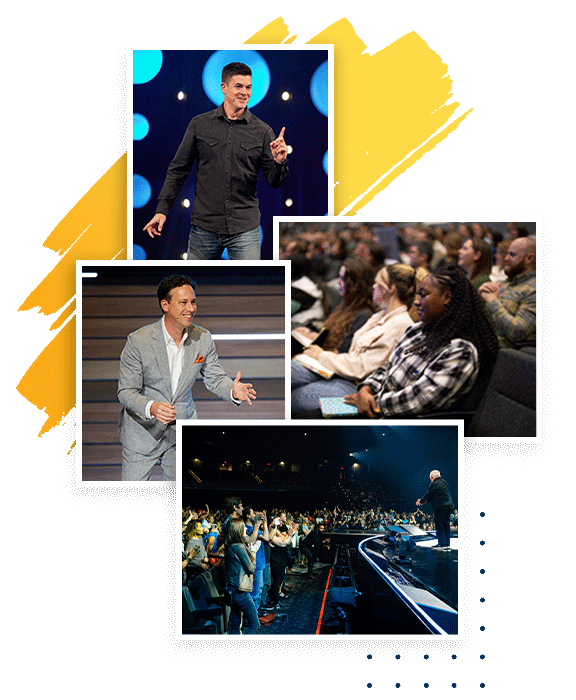 Dave Ramsey, Rachel Cruze, and George Kamel speaking at an event