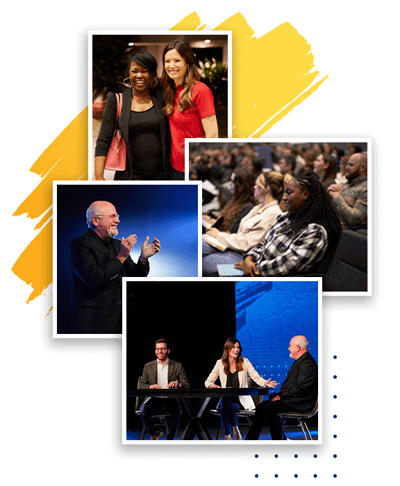 Dave Ramsey, Rachel Cruze, and George Kamel speaking at an event