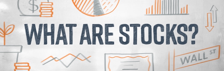 An image with sketches of stocks and investing symbols.