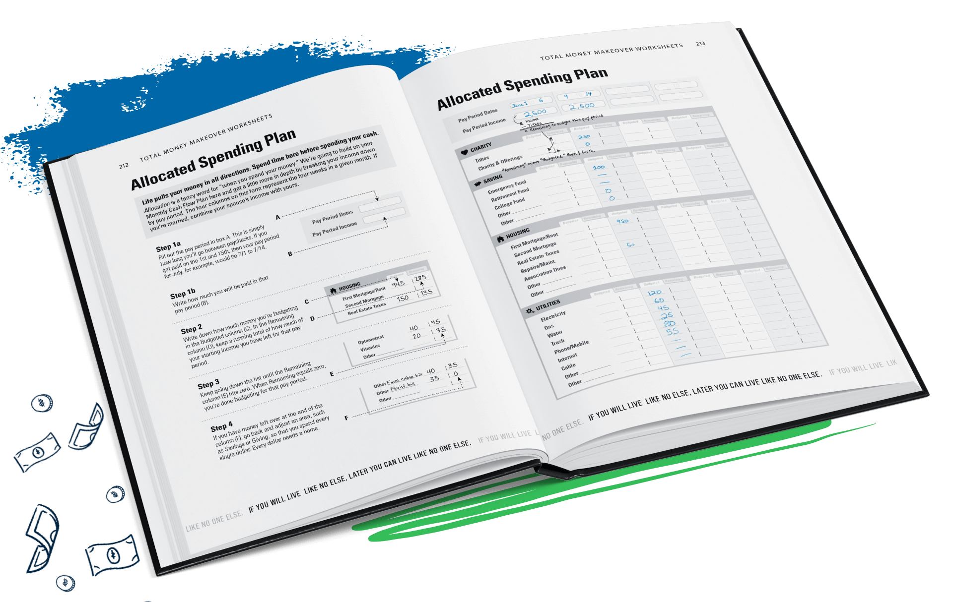 Open page from The Total Money Makeover showing the Allocated Spending Plan worksheet.