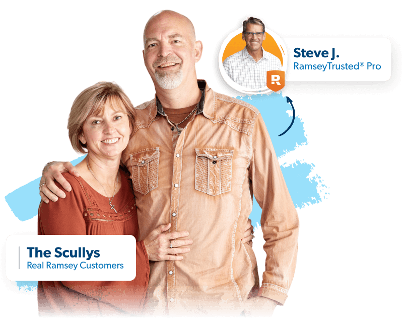 Couple smiling with an arrow pointing at an image of a trusted long-term care pro.